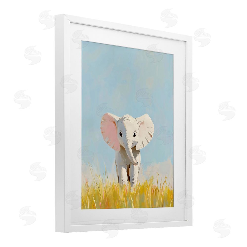 The Prints Vibe White Baby Elephant in Grass White Framed Print Under Glass with White Mat Wall Art
