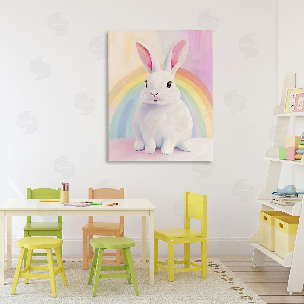 The Prints Vibe Rainbow Bunny in Pastel Hues Stretched Canvas Wall Art in Room