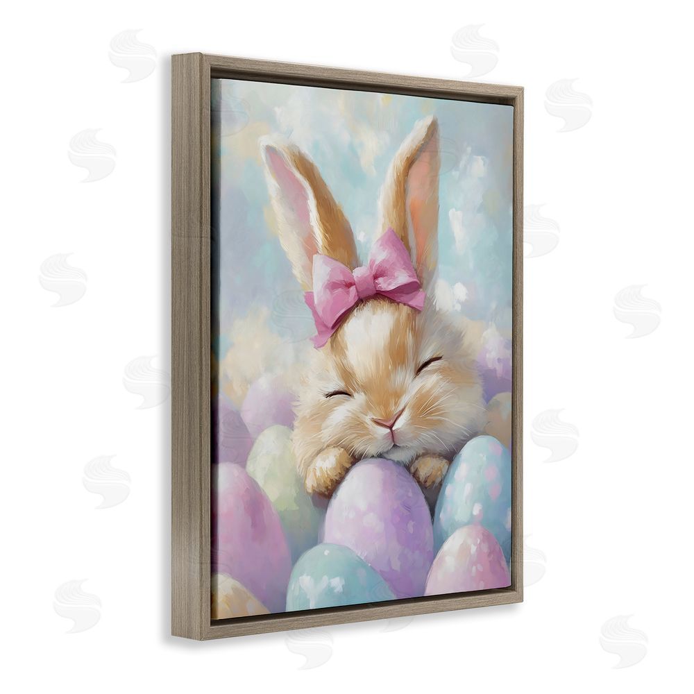 The Prints Vibe Sleeping Easter Bunny with Eggs Brown Floating Framed Canvas Wall Art Print