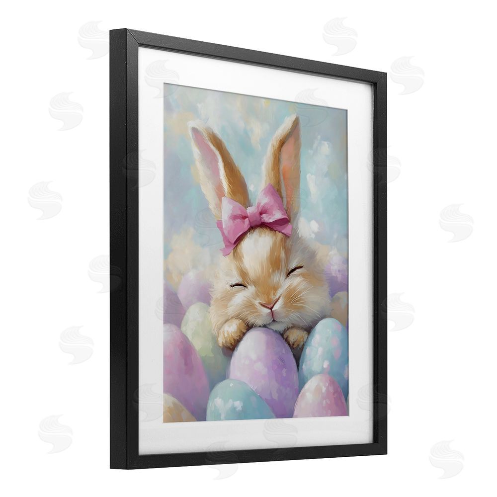 The Prints Vibe Sleeping Easter Bunny with Eggs Black Framed Print Under Glass with White Mat Wall Art