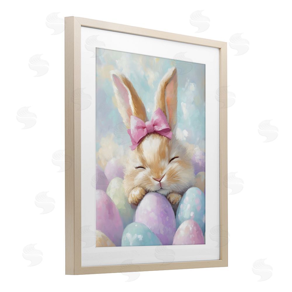 The Prints Vibe Sleeping Easter Bunny with Eggs Brown Framed Print Under Glass with White Mat Wall Art