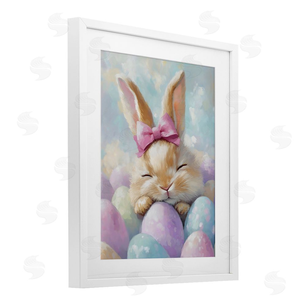The Prints Vibe Sleeping Easter Bunny with Eggs White Framed Print Under Glass with White Mat Wall Art