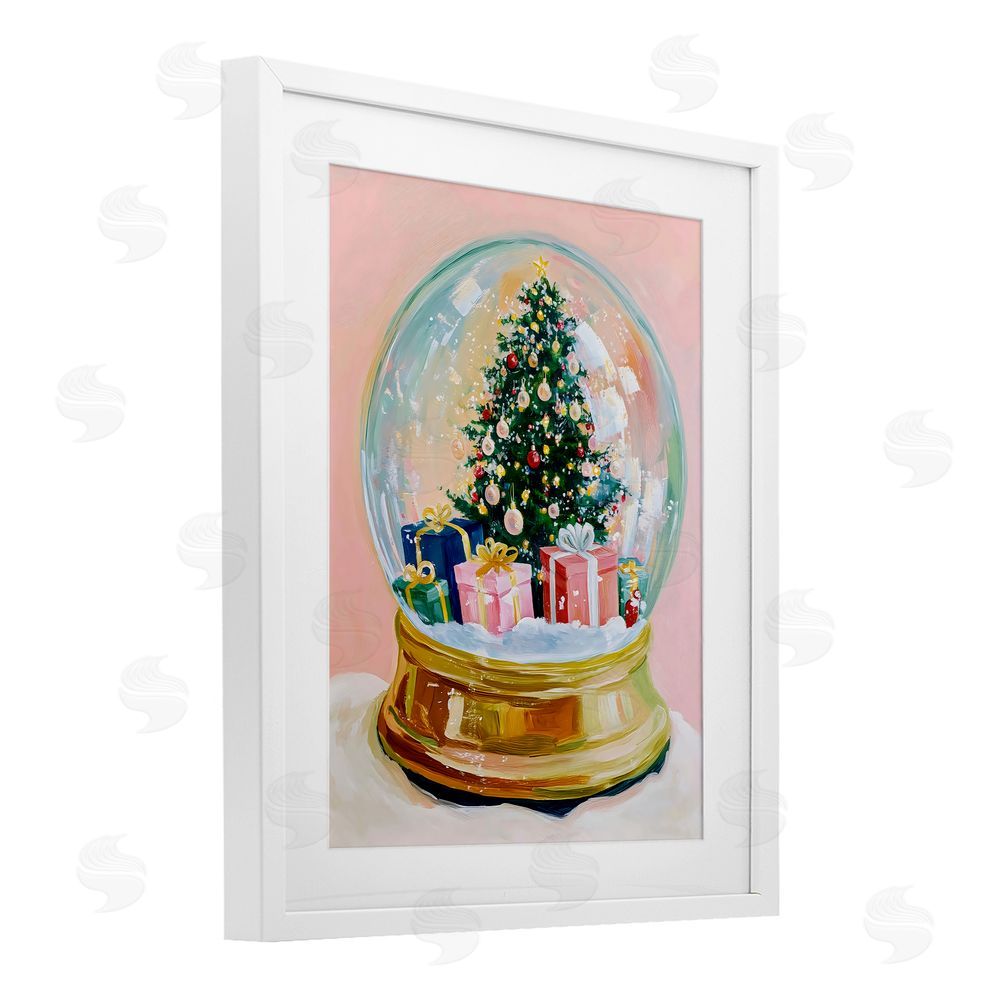 The Prints Vibe Christmas Snow Globe on Pink White Framed Print Under Glass Wall Art