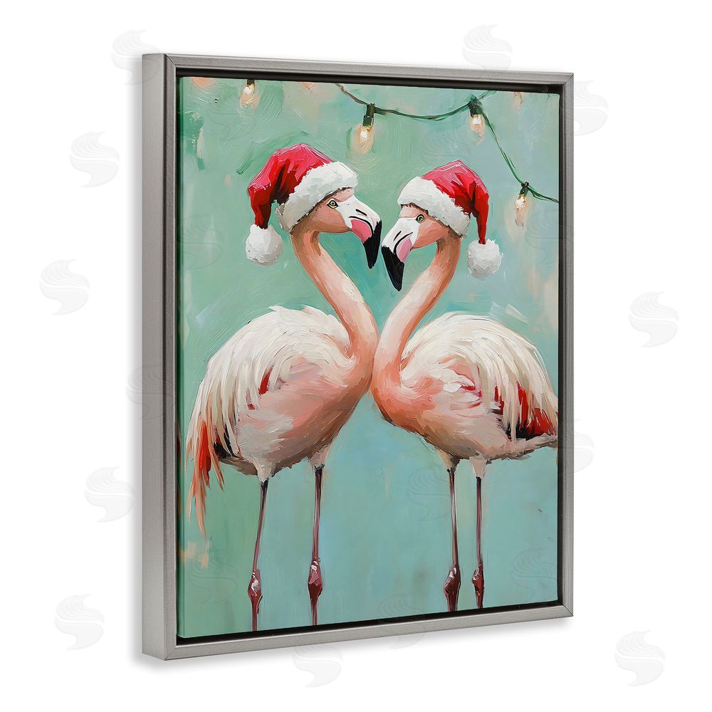 The Prints Vibe Christmas Flamingos in Santa Hats Gray Floating Frame Canvas Wall Art Print