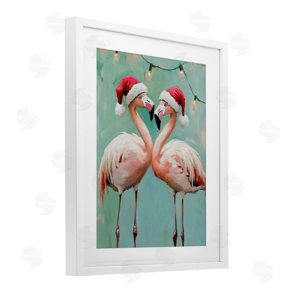 The Prints Vibe Christmas Flamingos in Santa Hats White Framed Print Under Glass Wall Art