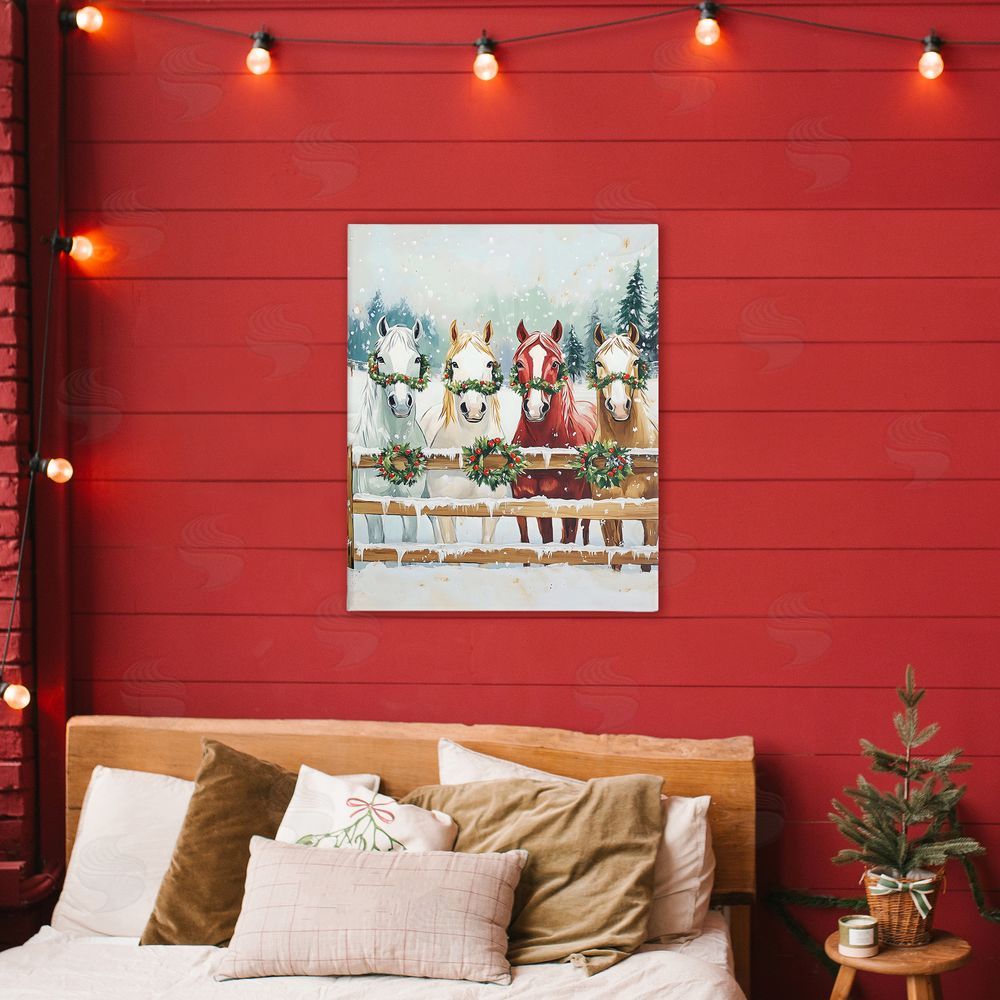 The Prints Vibe Christmas Horses with Holly Wreaths Stretched Canvas Wall Art in Room