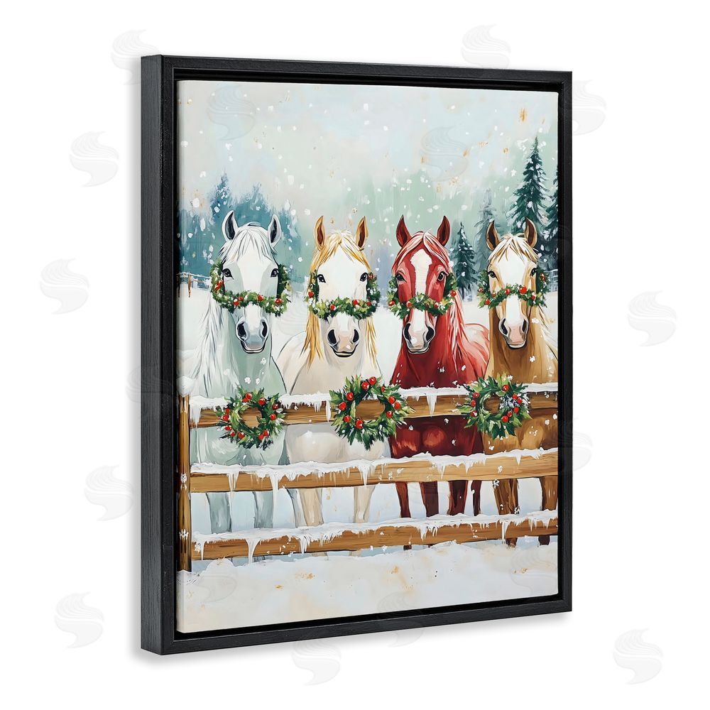 The Prints Vibe Christmas Horses with Holly Wreaths Black Floating Frame Canvas Wall Art Print