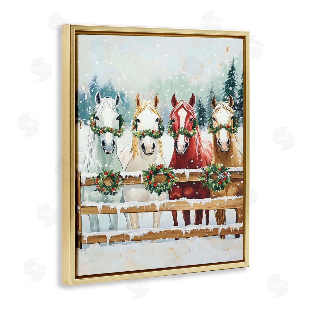 The Prints Vibe Christmas Horses with Holly Wreaths Gold Floating Frame Canvas Wall Art Print