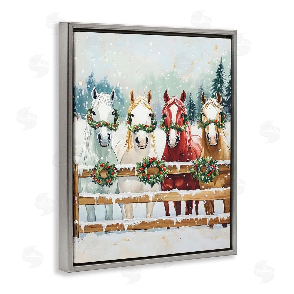 The Prints Vibe Christmas Horses with Holly Wreaths Gray Floating Frame Canvas Wall Art Print