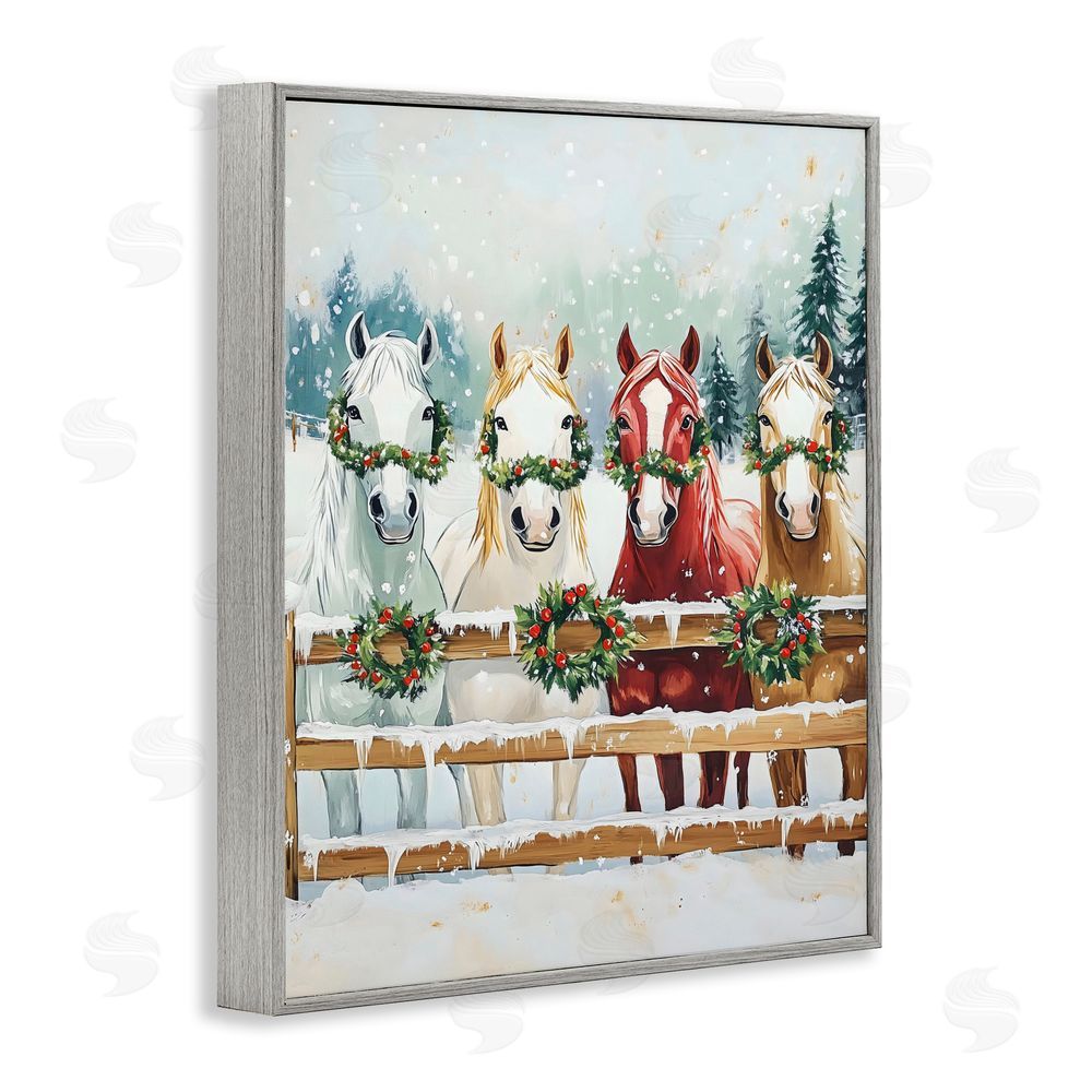 The Prints Vibe Christmas Horses with Holly Wreaths Gray Framed Giclee Wall Art Print