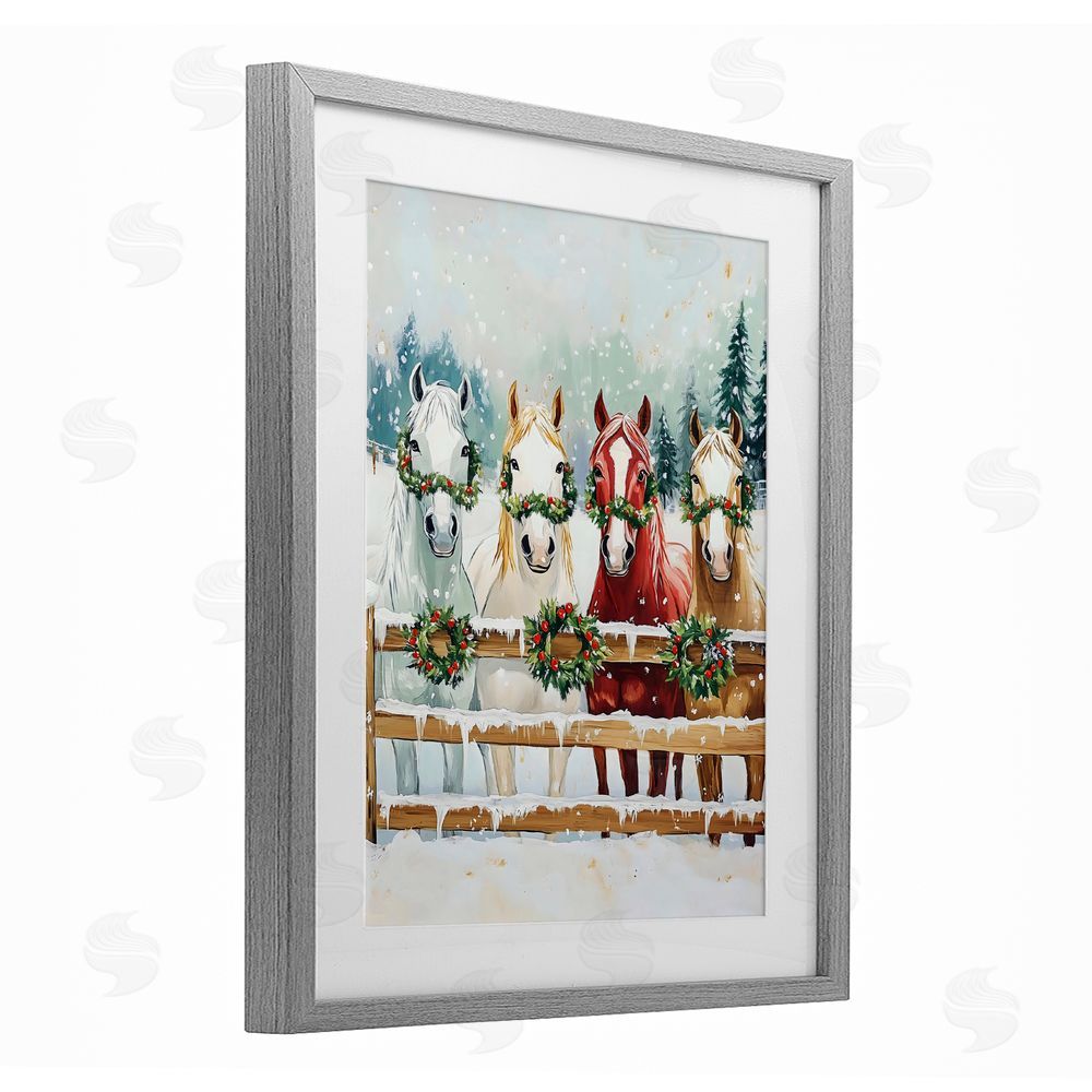 The Prints Vibe Christmas Horses with Holly Wreaths Gray Framed Print Under Glass Wall Art