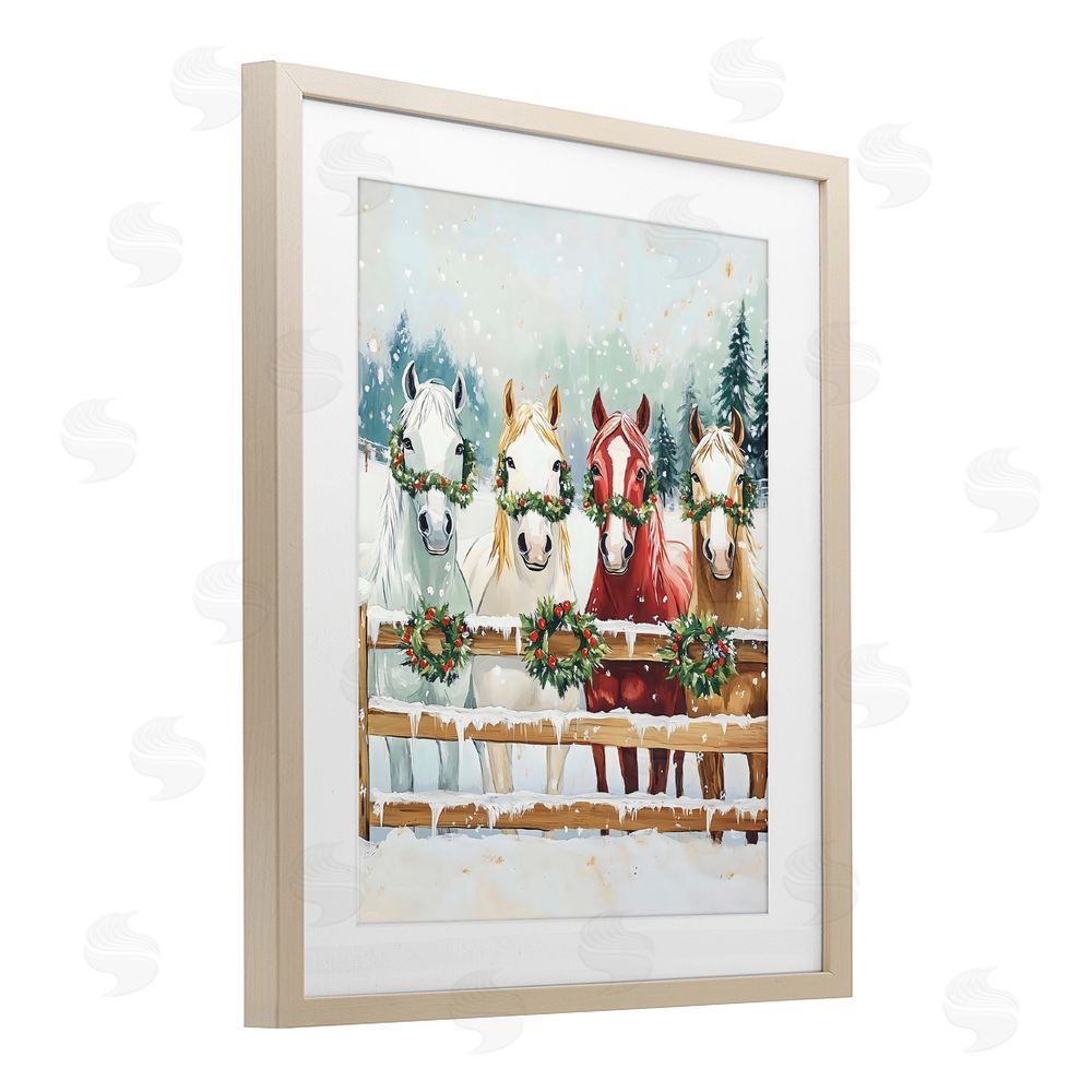 The Prints Vibe Christmas Horses with Holly Wreaths Brown Framed Print Under Glass Wall Art