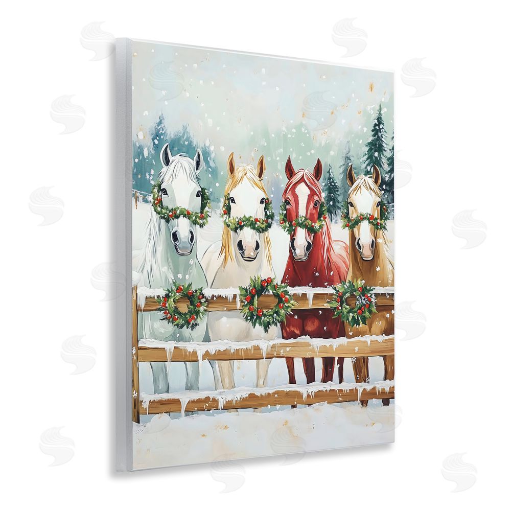 The Prints Vibe Christmas Horses with Holly Wreaths Wall Plaque with Fixed Lithograph Print
