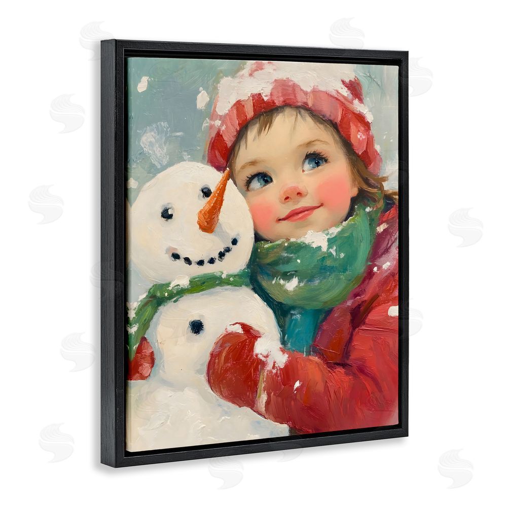 The Prints Vibe Christmas Girl & Snowman Embrace Black Floating Frame Canvas Wall Art Print