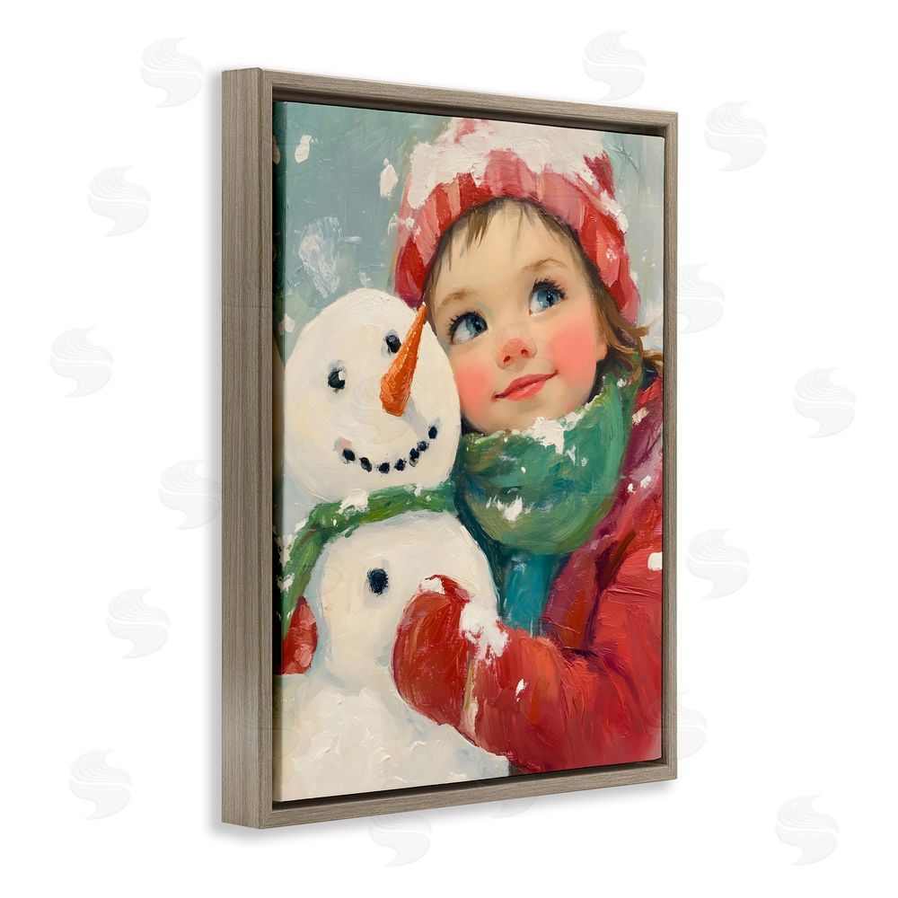 The Prints Vibe Christmas Girl & Snowman Embrace Brown Floating Frame Canvas Wall Art Print