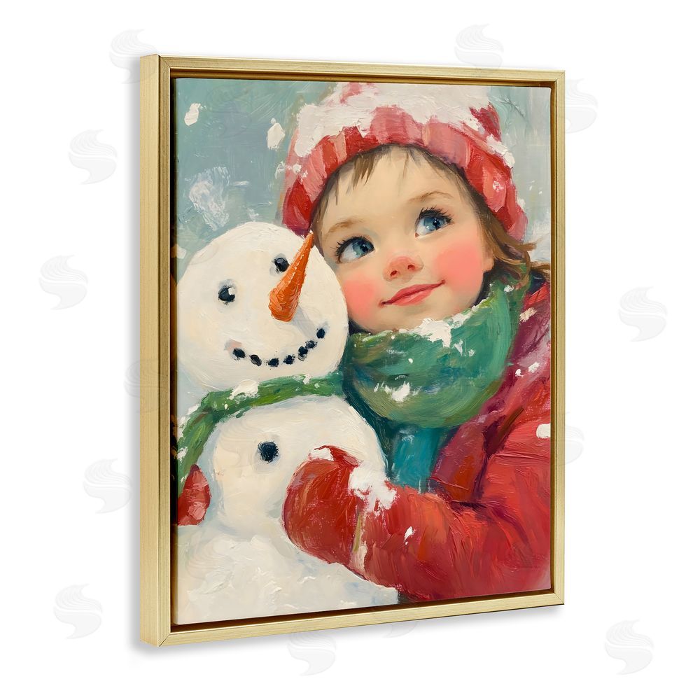 The Prints Vibe Christmas Girl & Snowman Embrace Gold Floating Frame Canvas Wall Art Print