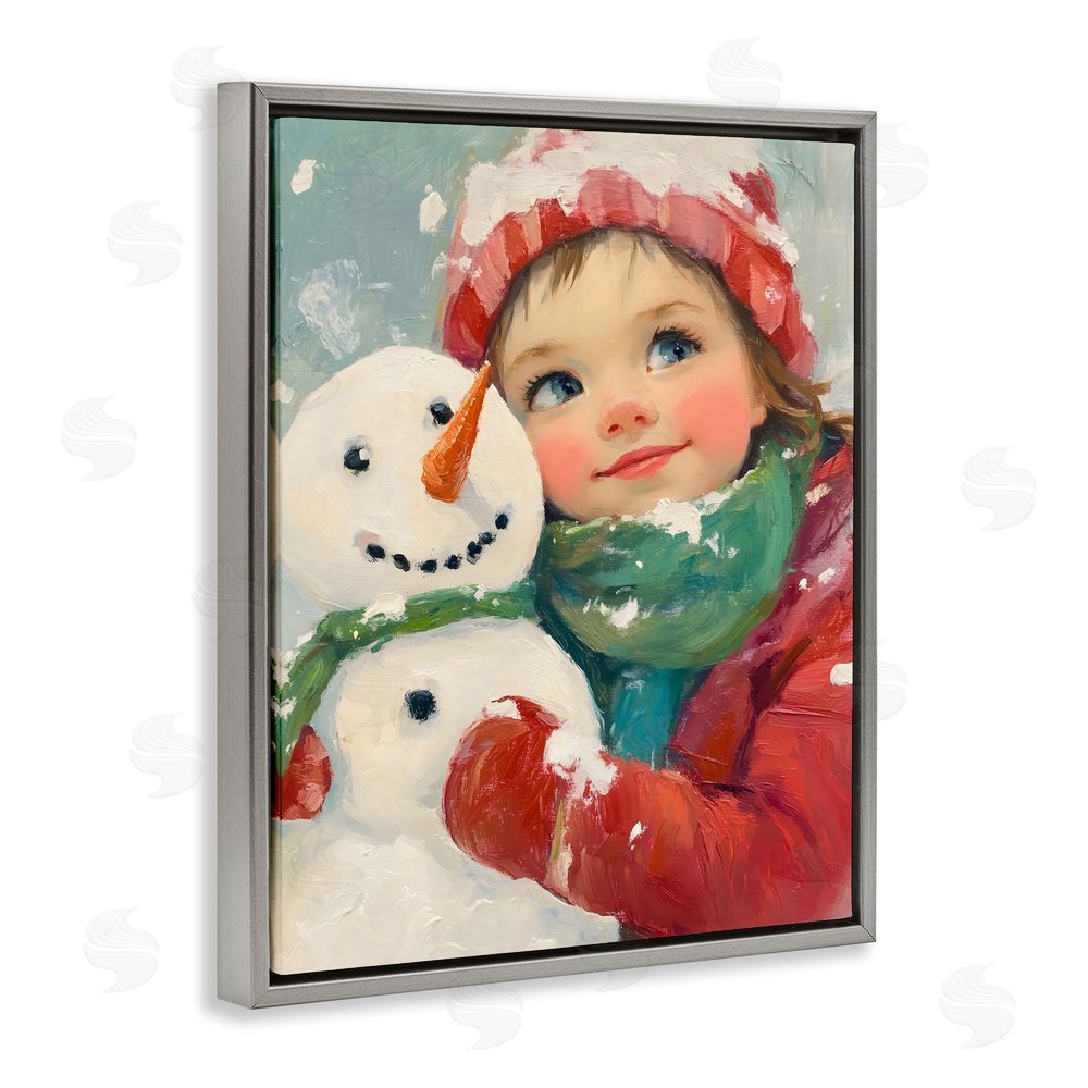 The Prints Vibe Christmas Girl & Snowman Embrace Gray Floating Frame Canvas Wall Art Print