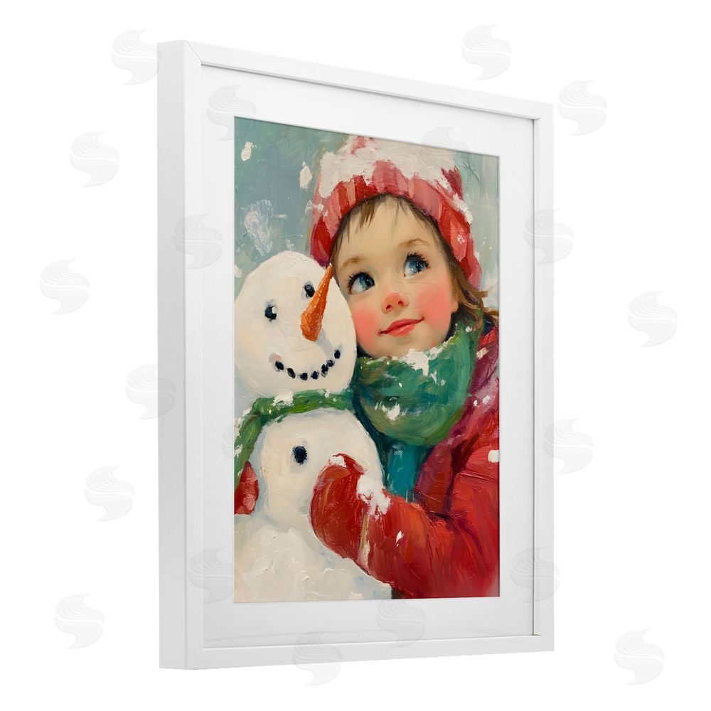 The Prints Vibe Christmas Girl & Snowman Embrace White Framed Print Under Glass Wall Art