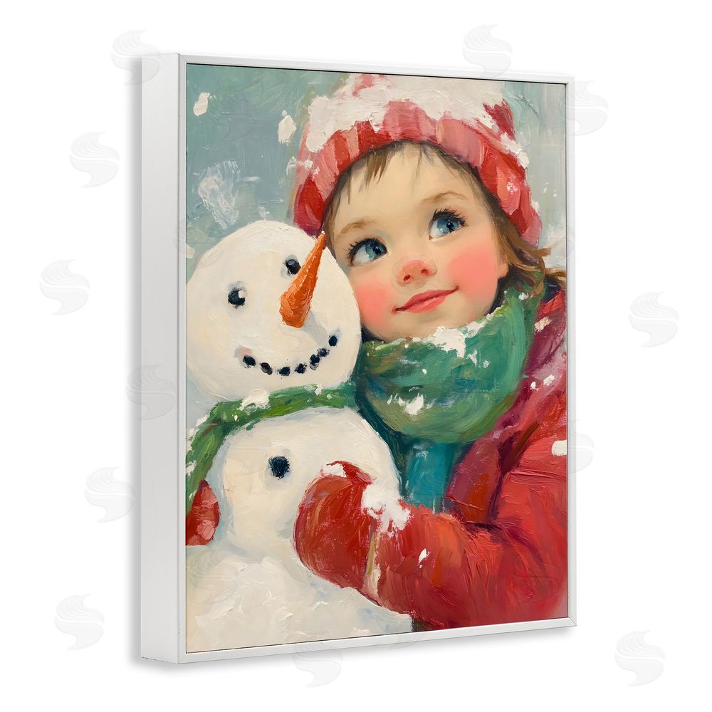 The Prints Vibe Christmas Girl & Snowman Embrace White Framed Giclee Wall Art Print
