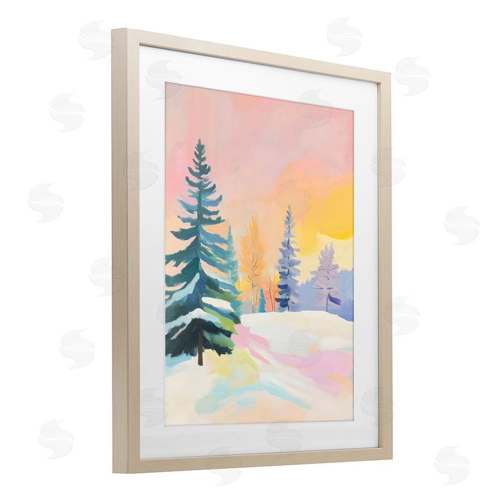The Prints Vibe Winter Forest Snowscape in Pastels Brown Framed Print Under Glass with White Mat Wall Art