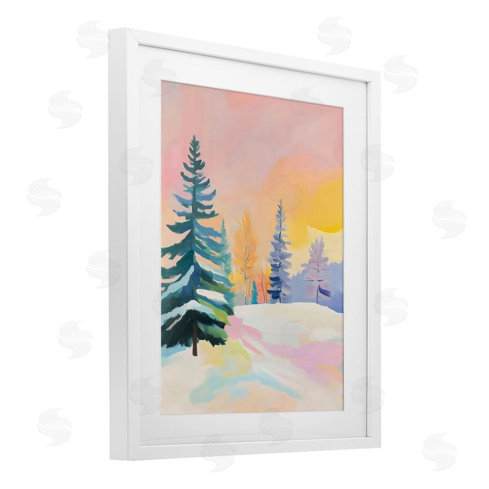 The Prints Vibe Winter Forest Snowscape in Pastels White Framed Print Under Glass with White Mat Wall Art