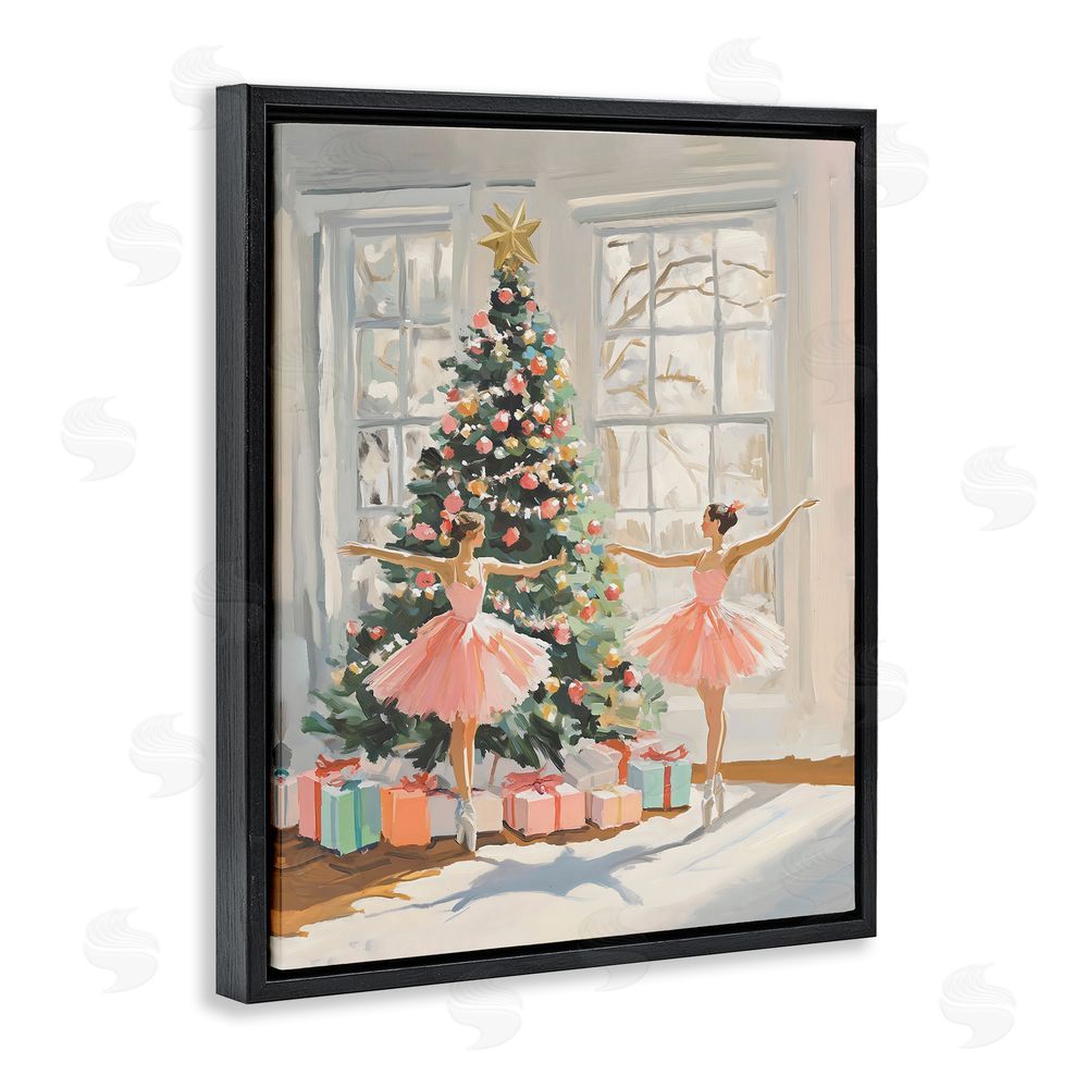 The Prints Vibe Christmas Ballerinas by the Tree Black Floating Frame Canvas Wall Art Print