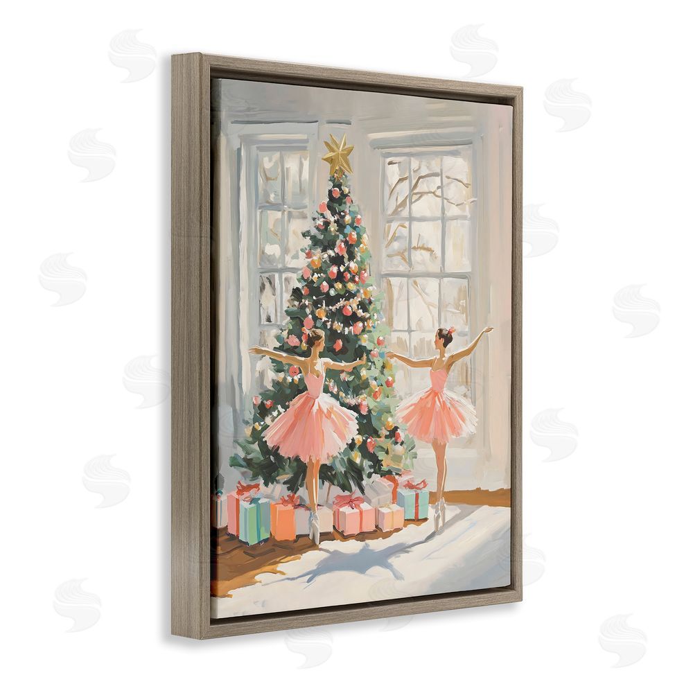 The Prints Vibe Christmas Ballerinas by the Tree Brown Floating Frame Canvas Wall Art Print