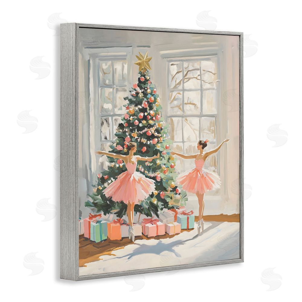The Prints Vibe Christmas Ballerinas by the Tree Gray Framed Giclee Wall Art Print
