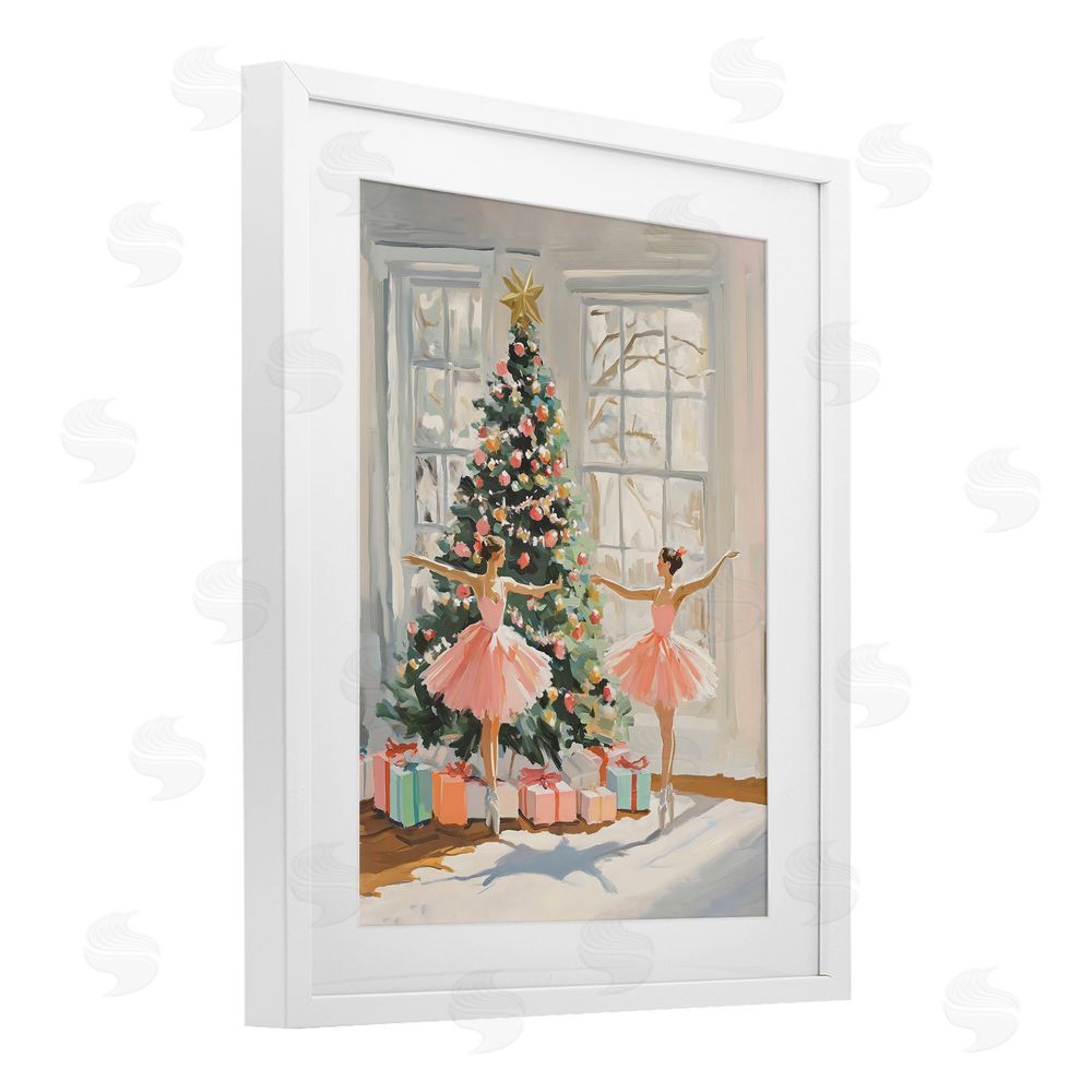 The Prints Vibe Christmas Ballerinas by the Tree White Framed Print Under Glass Wall Art