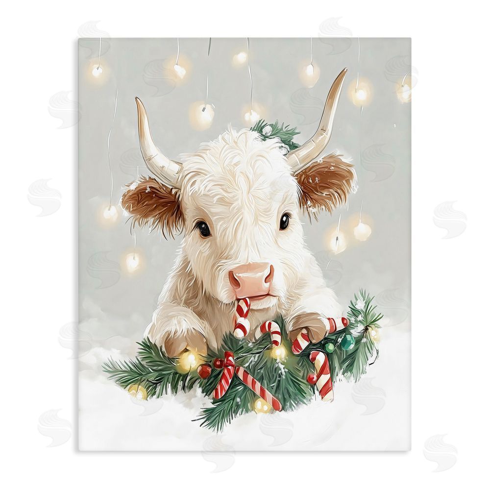 The Prints Vibe Christmas Cattle & Candy Canes Stretched Canvas Wall Art Print