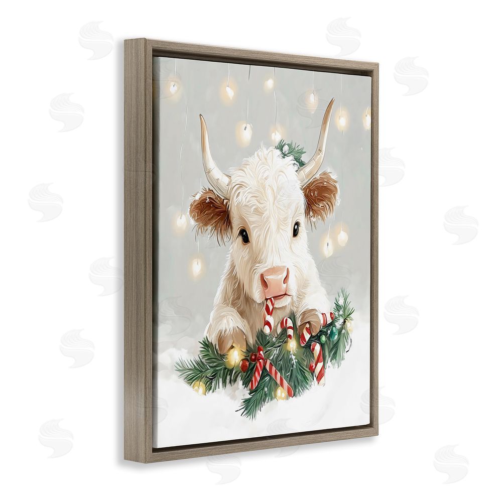 The Prints Vibe Christmas Cattle & Candy Canes Brown Floating Frame Canvas Wall Art Print