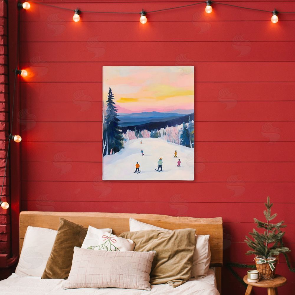 The Prints Vibe Snowy Mountain Skiers at Sunset Stretched Canvas on Wall