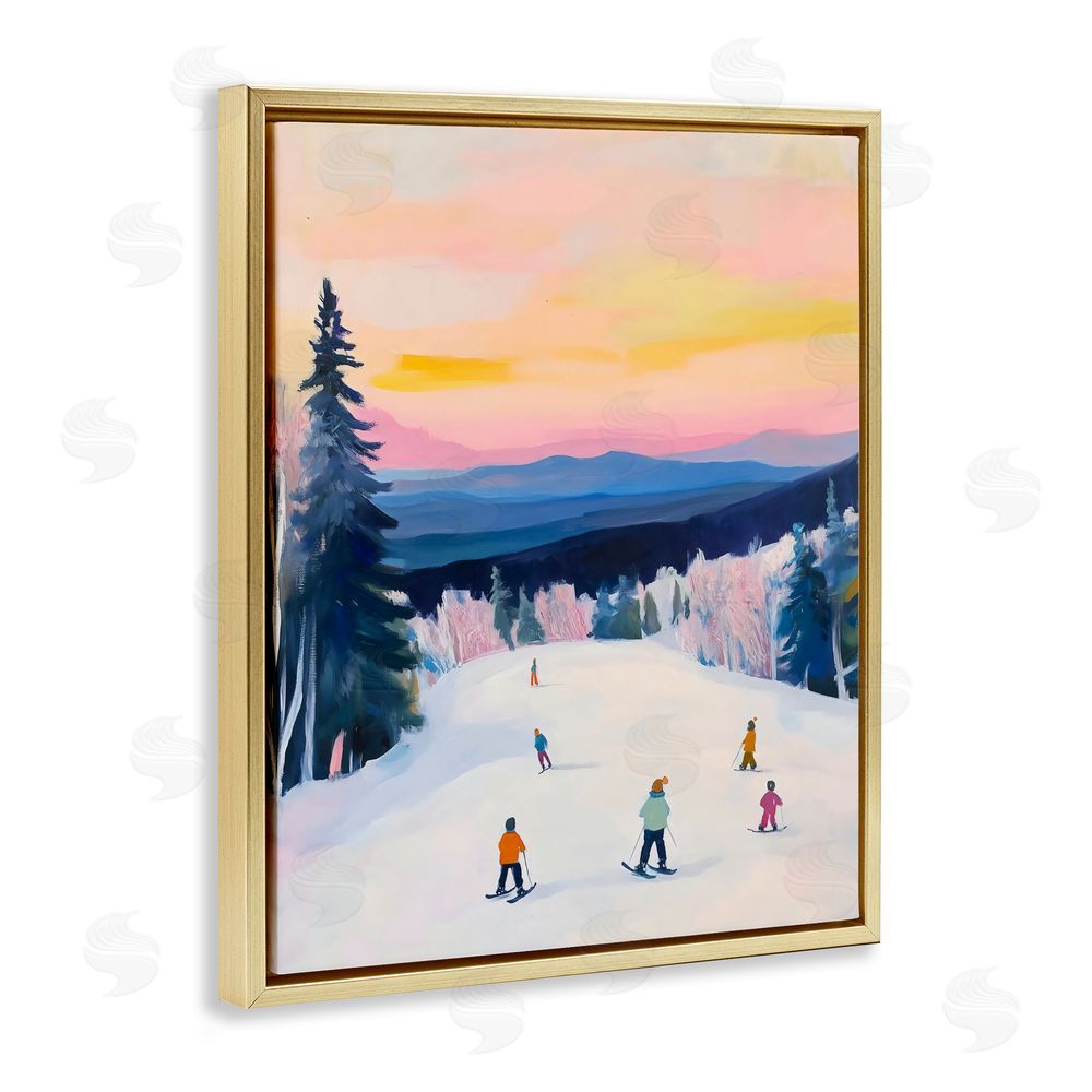 The Prints Vibe Snowy Mountain Skiers at Sunset Gold Floating Framed Canvas Wall Art Print