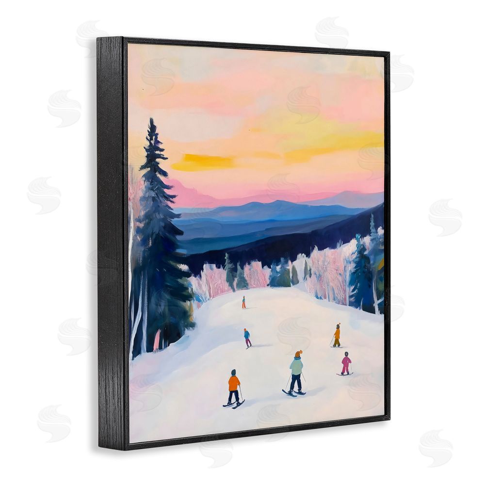 The Prints Vibe Snowy Mountain Skiers at Sunset Black Framed Giclee Wall Art Print