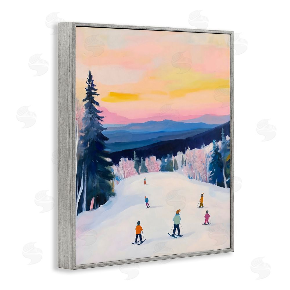 The Prints Vibe Snowy Mountain Skiers at Sunset Gray Framed Giclee Wall Art Print