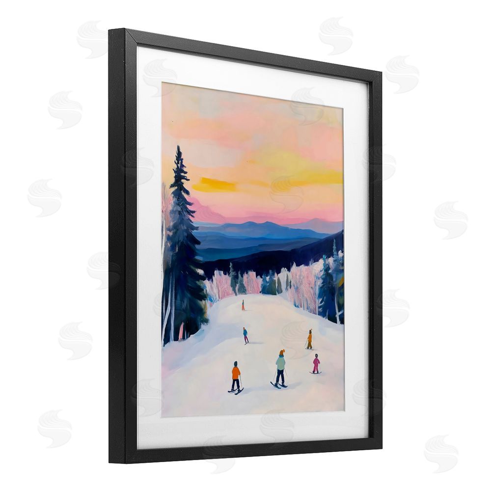 The Prints Vibe Snowy Mountain Skiers at Sunset Black Framed Print Under Glass with White Mat Wall Art