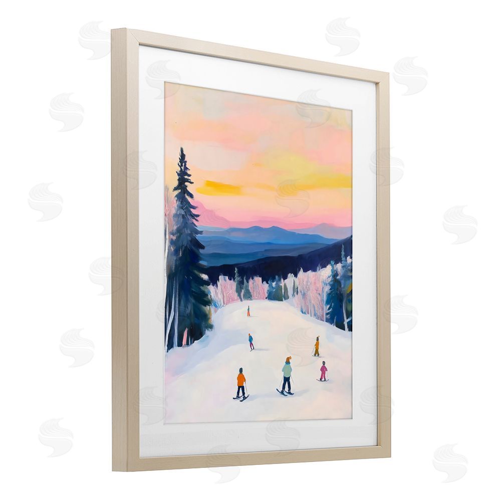 The Prints Vibe Snowy Mountain Skiers at Sunset Brown Framed Print Under Glass with White Mat Wall Art