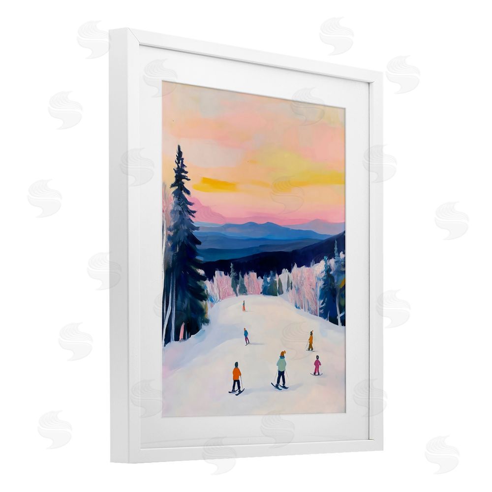 The Prints Vibe Snowy Mountain Skiers at Sunset White Framed Print Under Glass with White Mat Wall Art