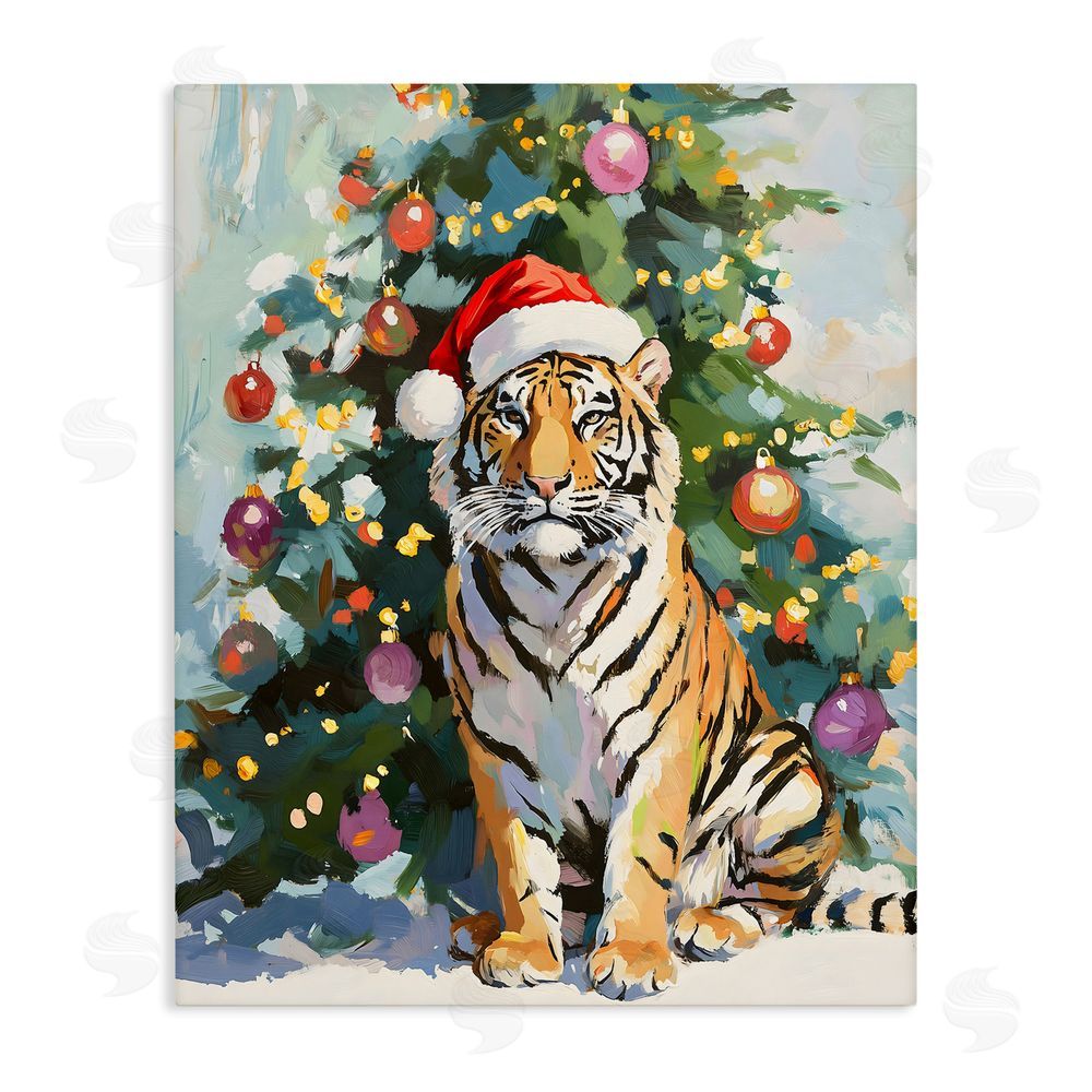 The Prints Vibe Christmas Tiger with Santa Hat Stretched Canvas Wall Art Print