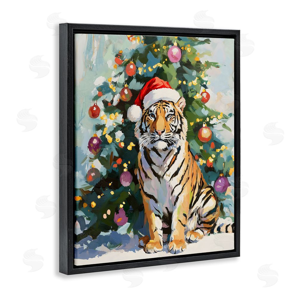 The Prints Vibe Christmas Tiger with Santa Hat Black Floating Frame Canvas Wall Art Print