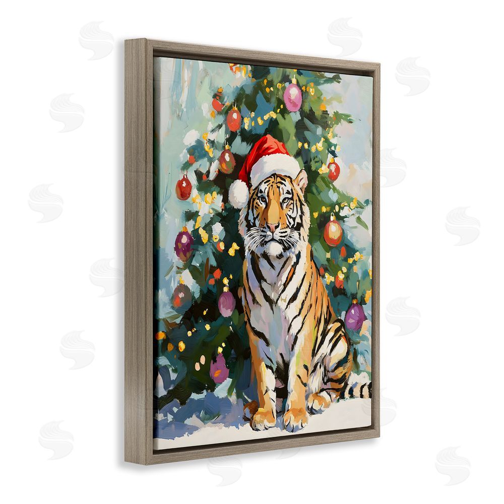 The Prints Vibe Christmas Tiger with Santa Hat Brown Floating Frame Canvas Wall Art Print