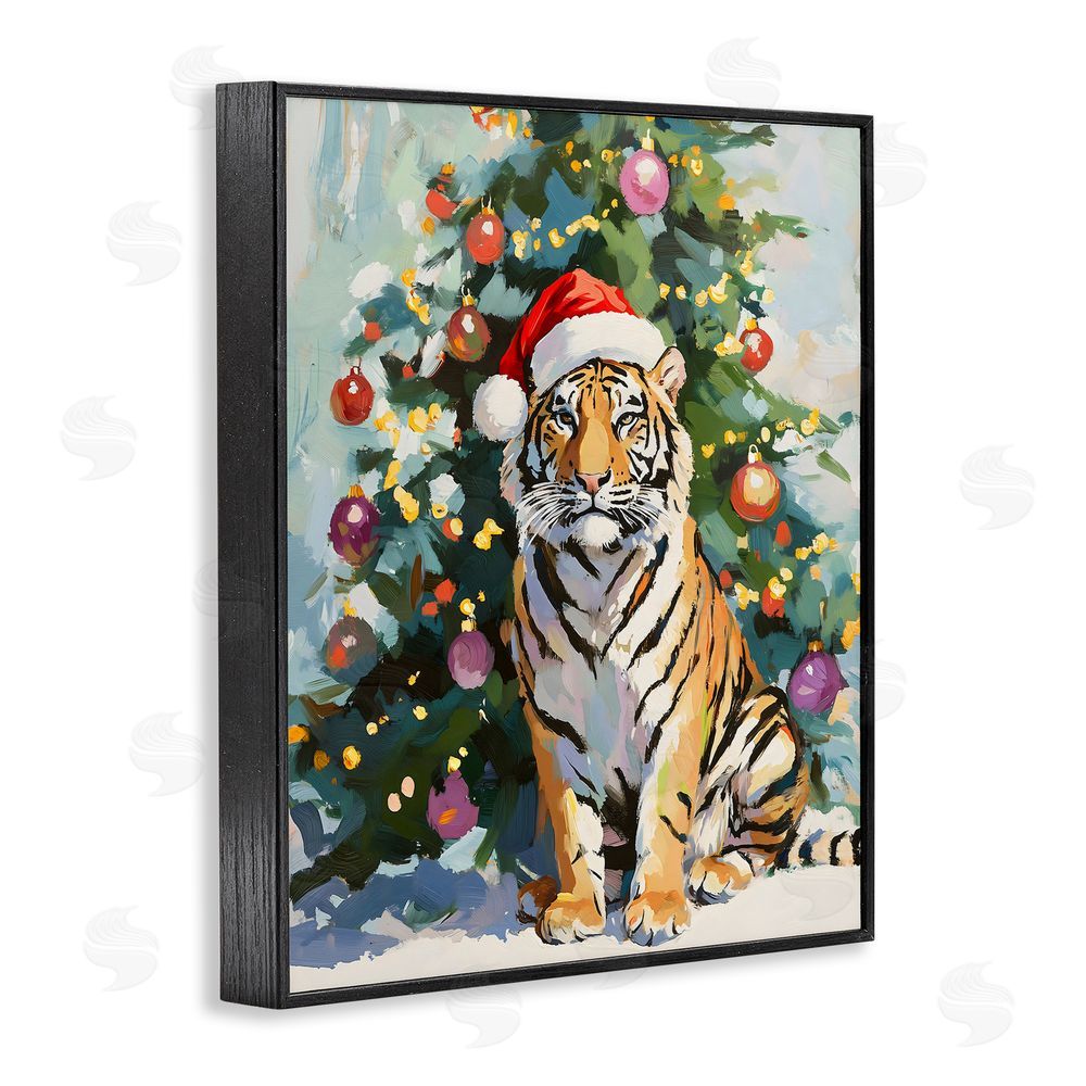 The Prints Vibe Christmas Tiger with Santa Hat Black Framed Giclee Wall Art Print