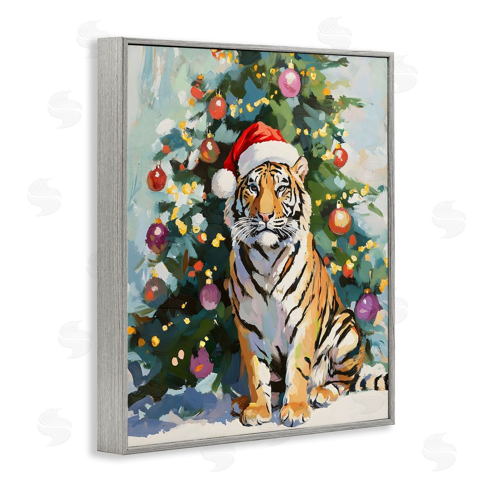 The Prints Vibe Christmas Tiger with Santa Hat Gray Framed Giclee Wall Art Print