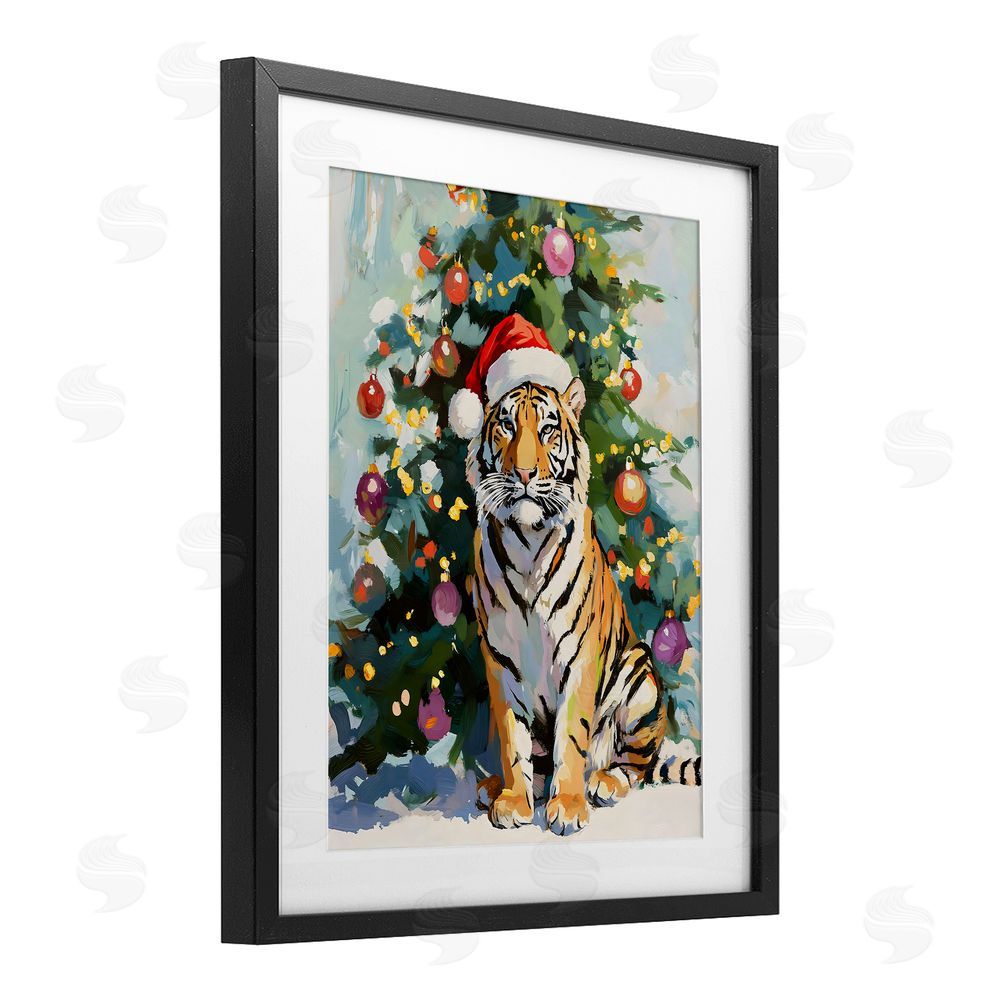 The Prints Vibe Christmas Tiger with Santa Hat Black Framed Print Under Glass Wall Art