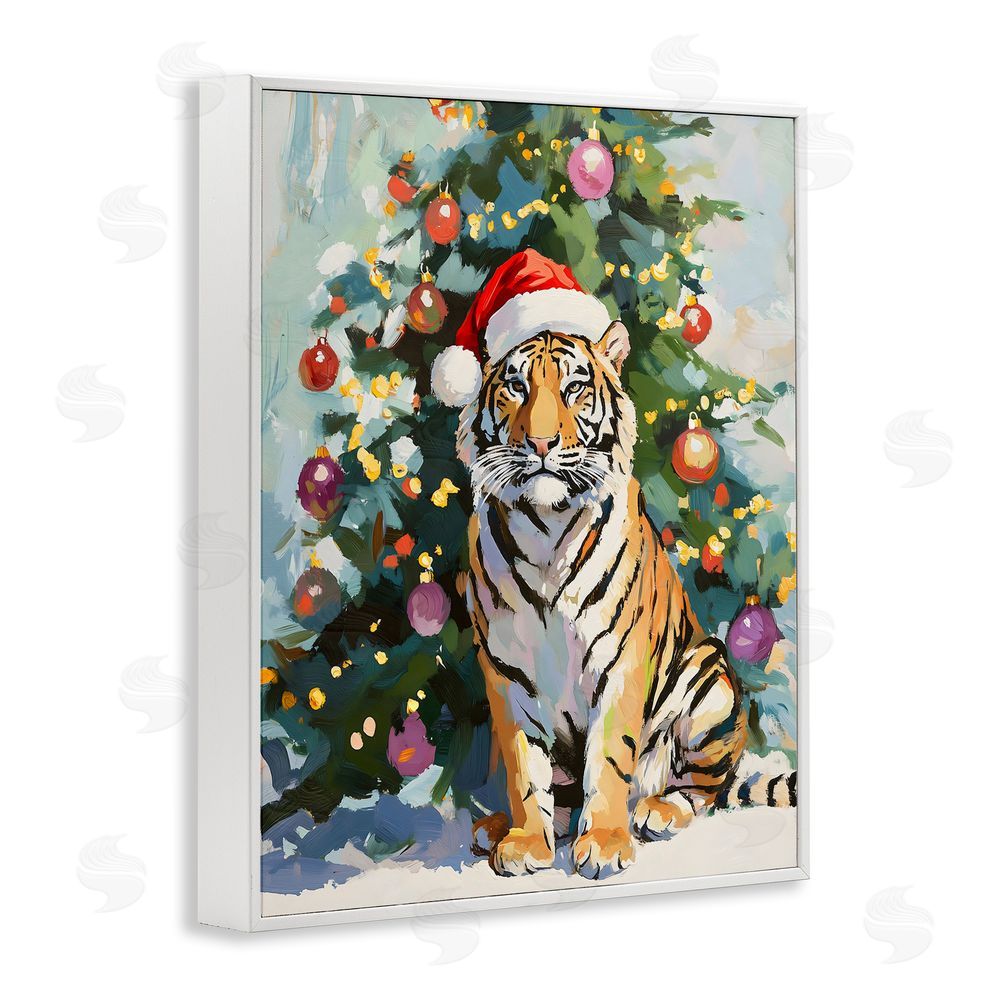 The Prints Vibe Christmas Tiger with Santa Hat White Framed Giclee Wall Art Print
