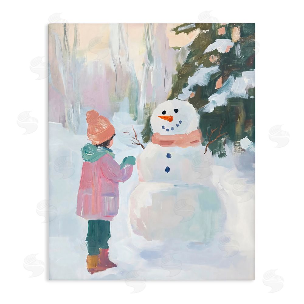 The Prints Vibe Girl & Snowman in Winter Stretched Canvas Wall Art