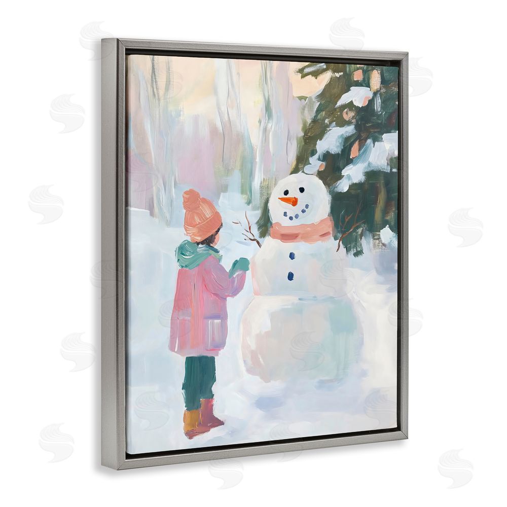 The Prints Vibe Girl & Snowman in Winter Gray Floating Framed Canvas Wall Art