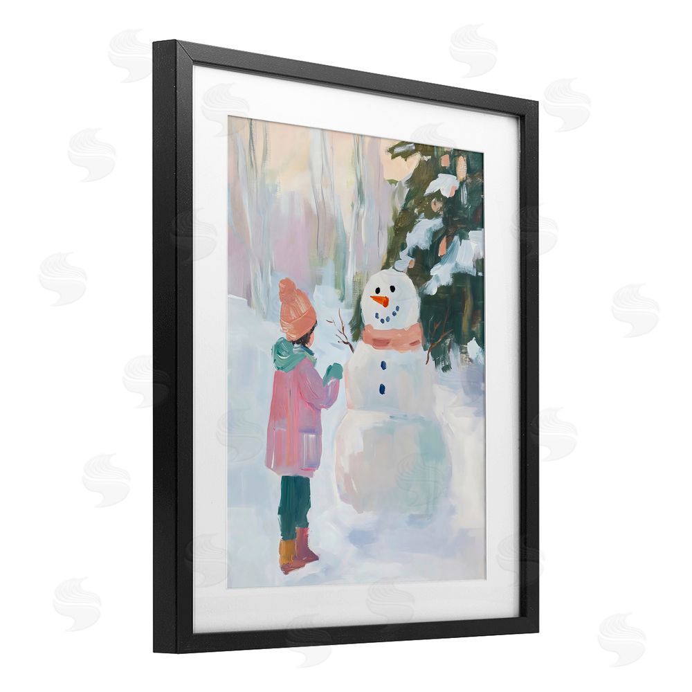 The Prints Vibe Girl & Snowman in Winter Black Framed Print Under Glass Wall Art