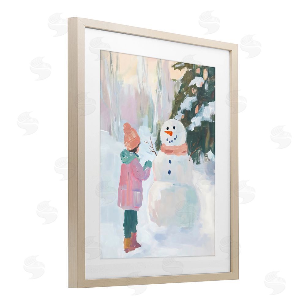 The Prints Vibe Girl & Snowman in Winter Brown Framed Print Under Glass Wall Art