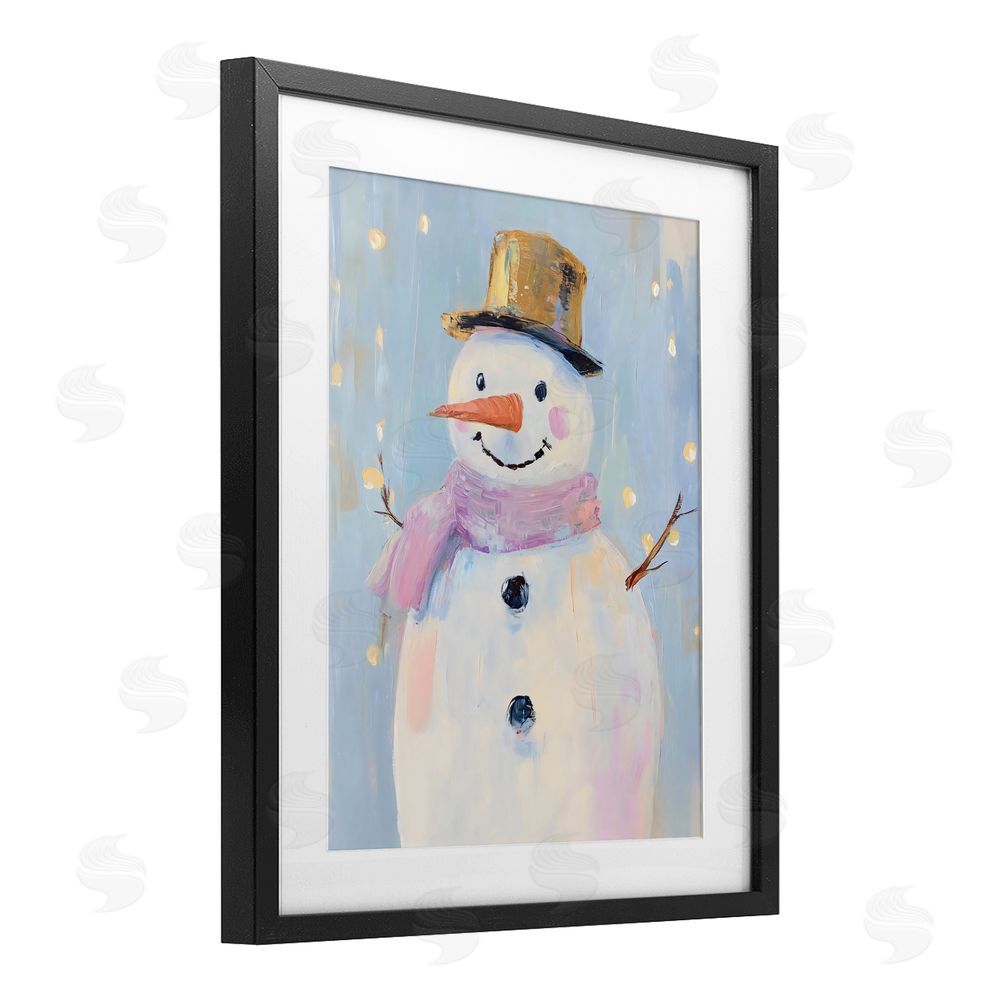 The Prints Vibe Cheerful Pastel Snowman Black Framed Print Under Glass with Matting Wall Art